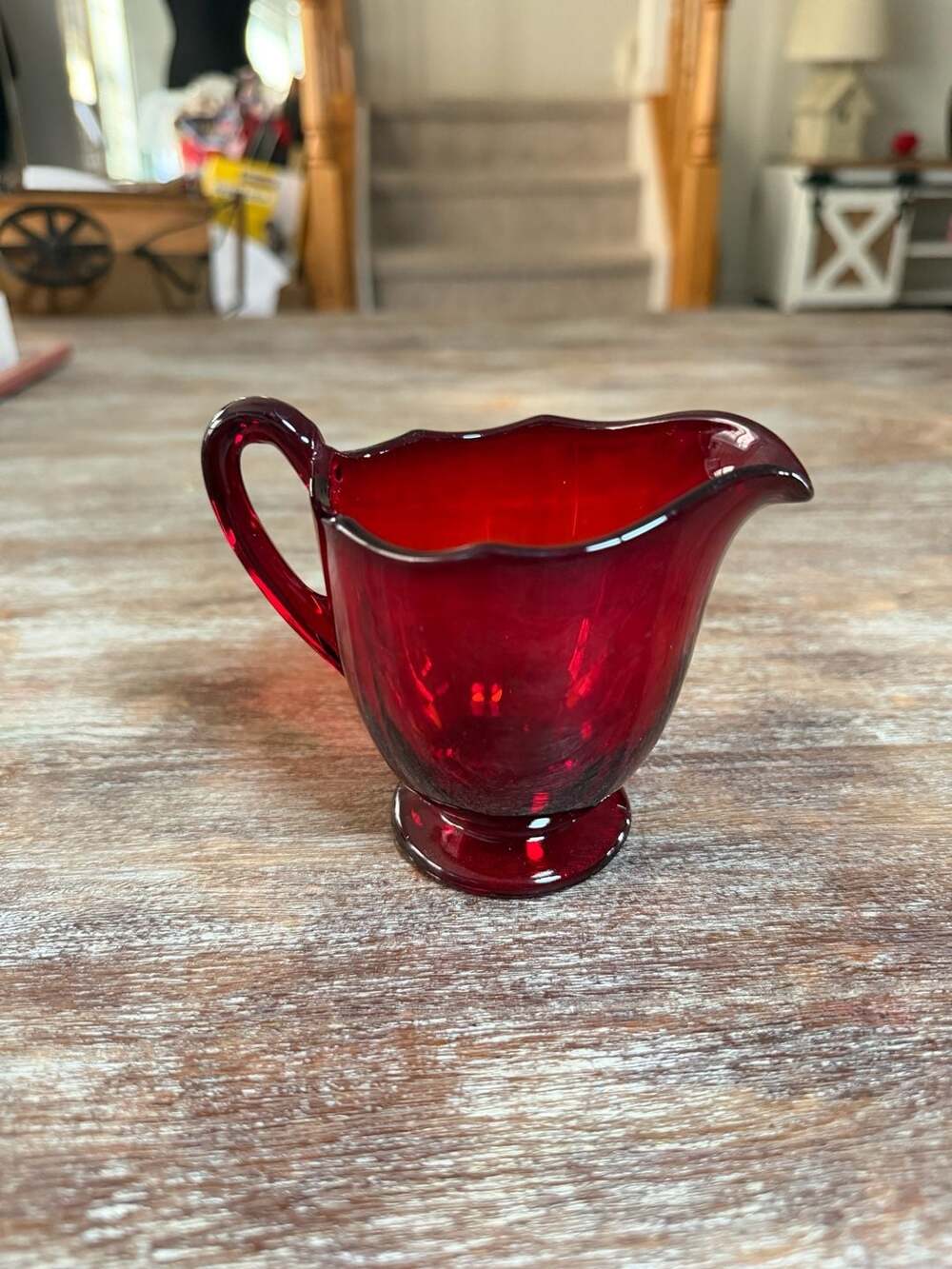 Vintage Ruby Red Glass Footed Creamer with Scalloped Edge